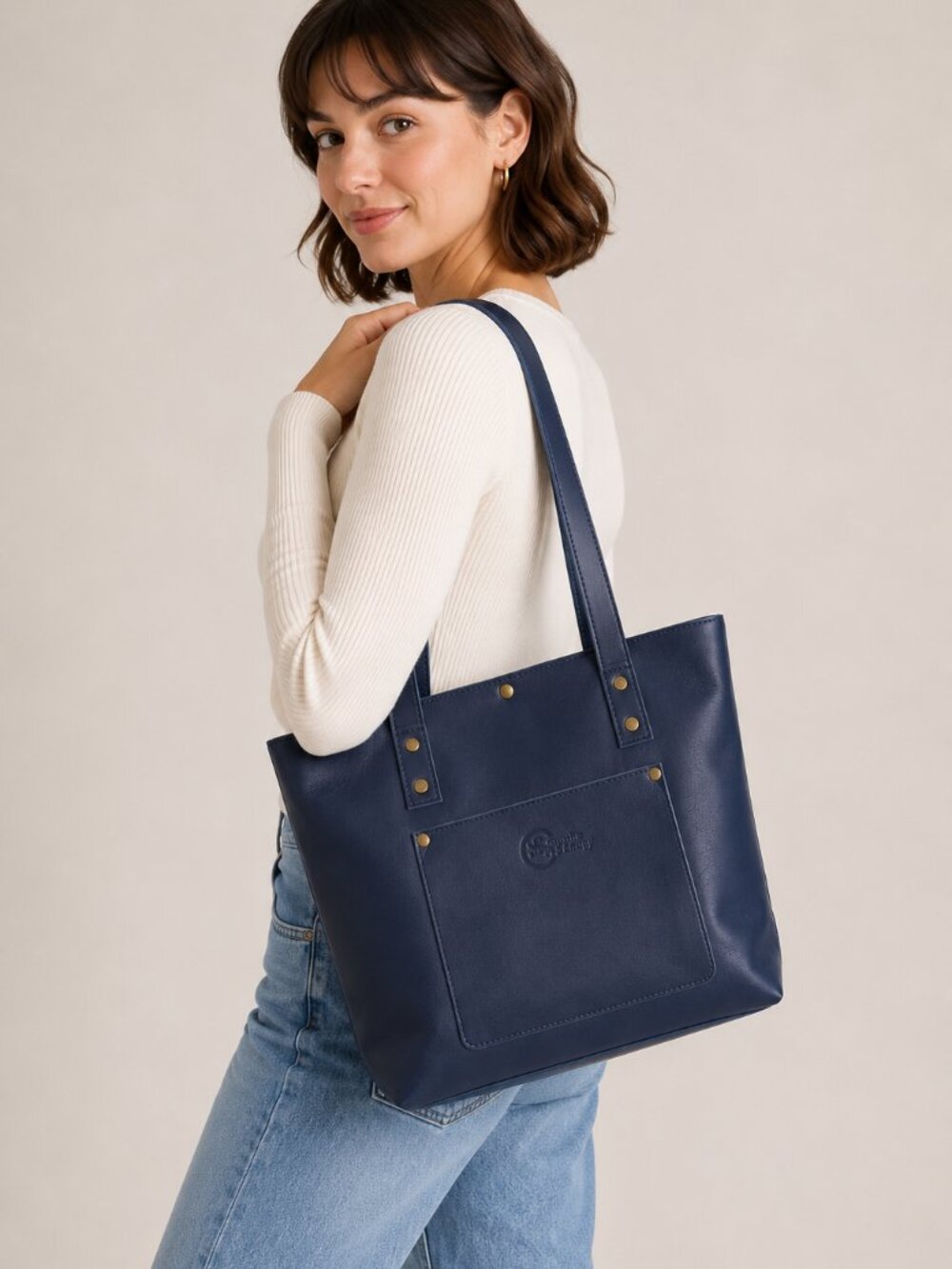 NEW in BOX, Navy tote, genuine top-grain leather tote